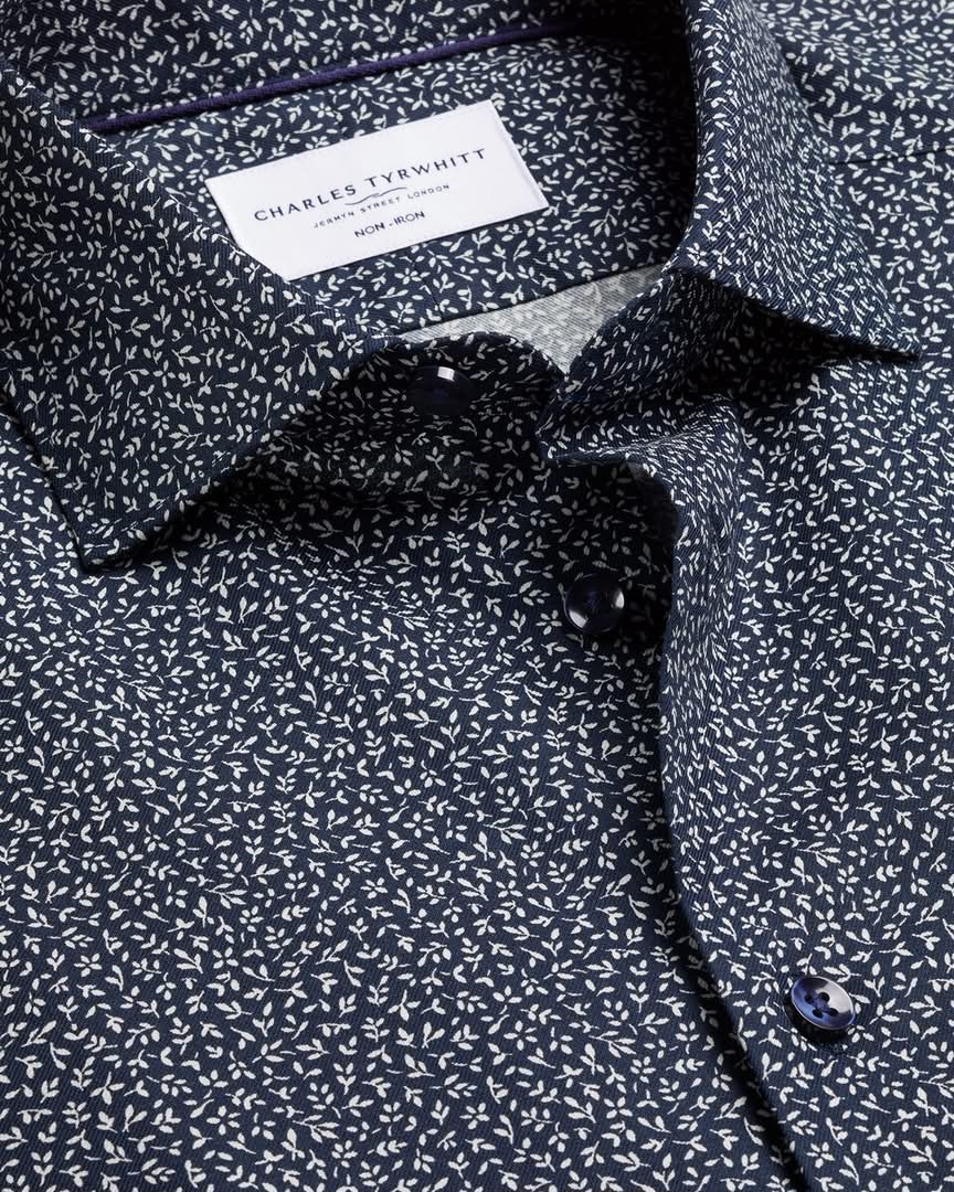 Semi Cutaway Collar Non-Iron Stretch Print Slim Fit Shirt – Navy