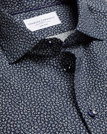 Semi Cutaway Collar Non-Iron Stretch Print Slim Fit Shirt – Navy