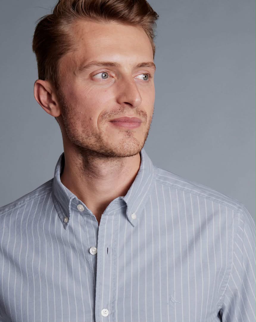 Button-Down Collar Washed Oxford Butchers Stripe Extra Slim Fit Shirt - Steel Blue