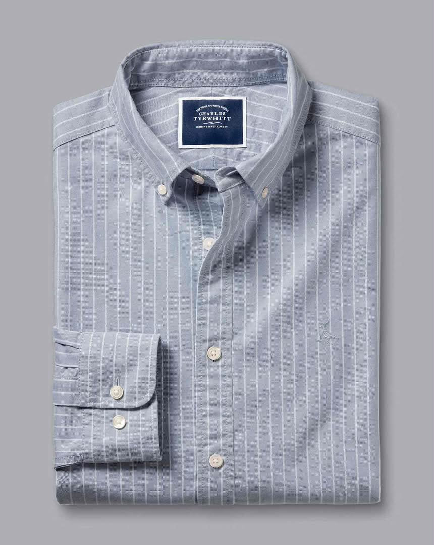Button-Down Collar Washed Oxford Butchers Stripe Extra Slim Fit Shirt - Steel Blue