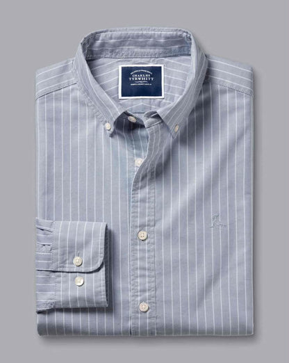 Button-Down Collar Washed Oxford Butchers Stripe Extra Slim Fit Shirt - Steel Blue