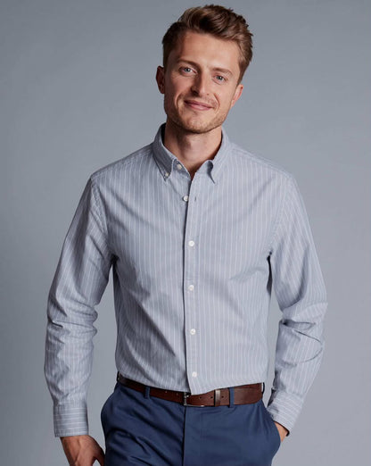 Button-Down Collar Washed Oxford Butchers Stripe Extra Slim Fit Shirt - Steel Blue