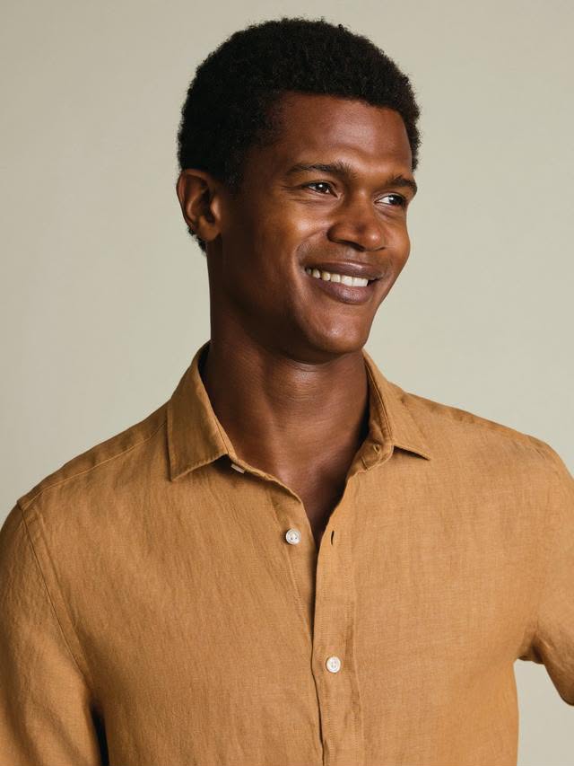 Pure Linen Classic Fit Long Sleeve Shirt - Gold
