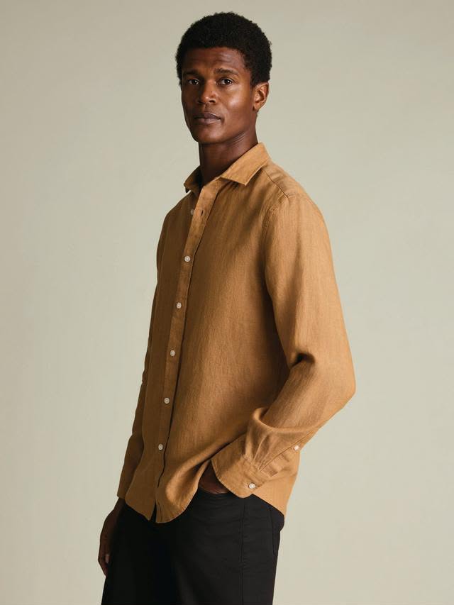 Pure Linen Classic Fit Long Sleeve Shirt - Gold