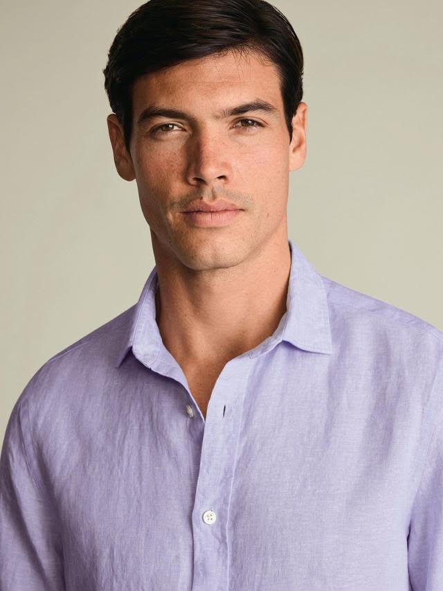 Pure Linen Slim Fit Short Sleeve Shirt Lilac