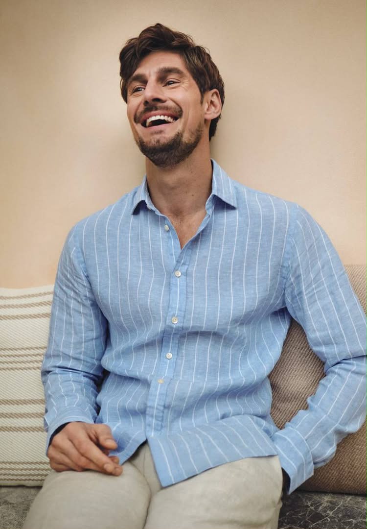 Pure linen stripe Classic fit shirt - light blue