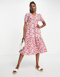 Midi Dress With Peplum Hem in Red Floral Print