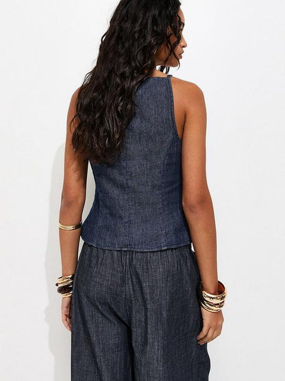 Indigo Wash Square Neck Waistcoat Blue