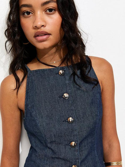 Indigo Wash Square Neck Waistcoat Blue