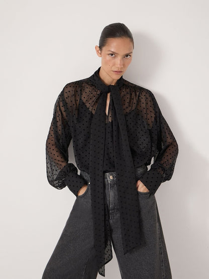 Black Polka Dot Long Sleeve Tie Neck Blouse