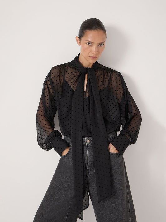 Black Polka Dot Long Sleeve Tie Neck Blouse