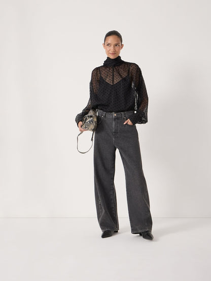 Black Polka Dot Long Sleeve Tie Neck Blouse