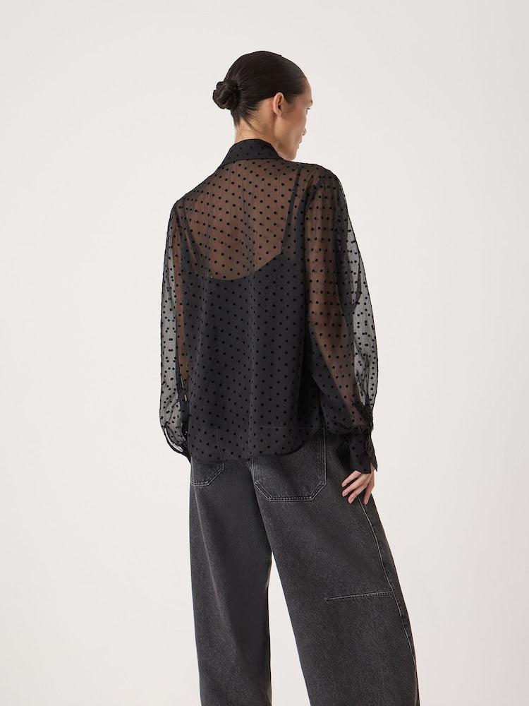 Black Polka Dot Long Sleeve Tie Neck Blouse
