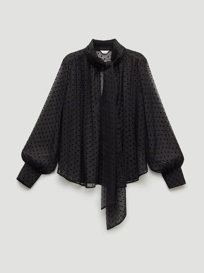 Black Polka Dot Long Sleeve Tie Neck Blouse