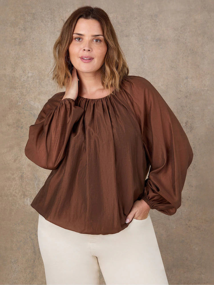 Live Unlimited Brown Blouson Sleeve Boho Blouse