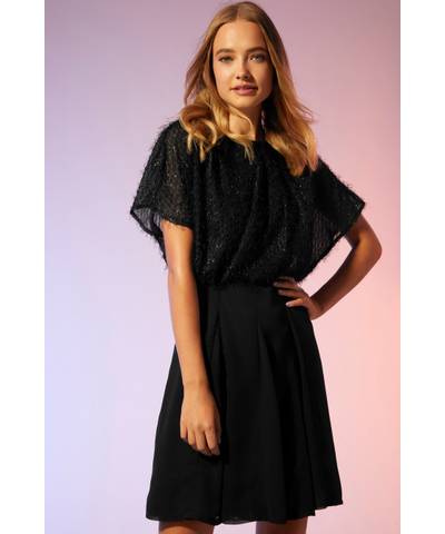 Textural Drape Dress With Panel Skirt Black