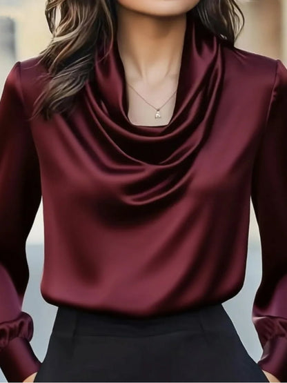 Cowl Neck Drape Lantern Sleeve Blouse Burgundy