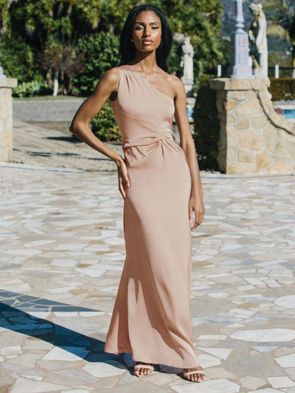 Blush Pink One Shoulder Knot Front Maxi Dress