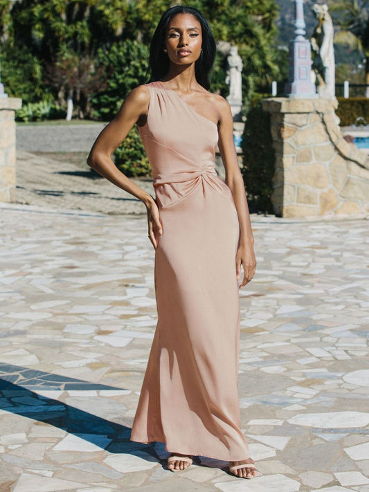 Blush Pink One Shoulder Knot Front Maxi Dress