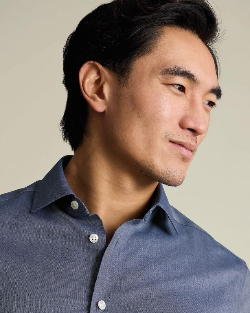 Short Sleeve Non-Iron Cotton Linen Slim Fit Shirt - Navy