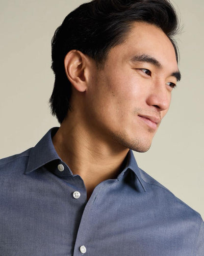 Short Sleeve Non-Iron Cotton Linen Slim Fit Shirt - Navy