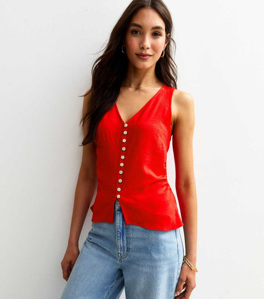 Bright Red Textured Button Front Vest Top