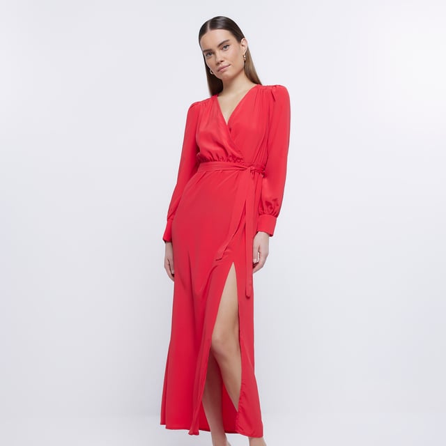 Wrap Dress Red Cara Midaxi Long Sleeve