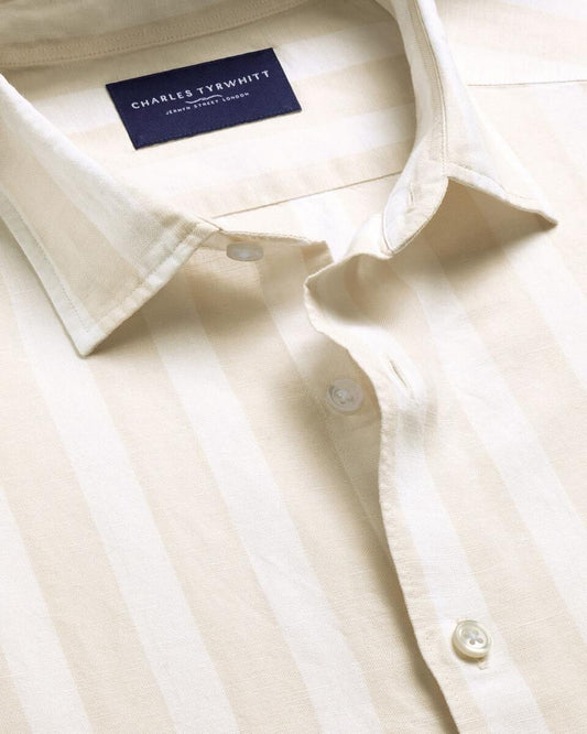 Short Sleeve Cotton Linen Stripe Classic Fit Shirt - Stone