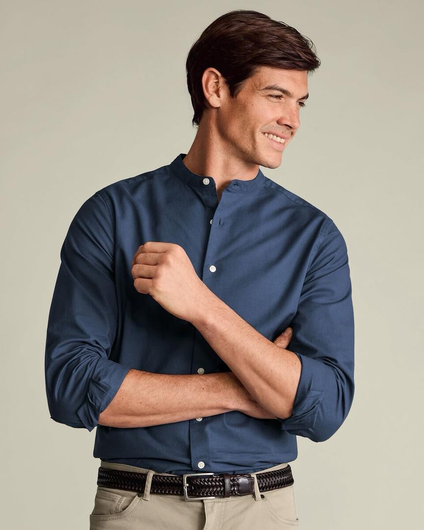Collarless Stretch Washed Oxford Slim Fit Shirt - Airforce Blue