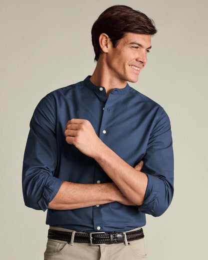 Collarless Stretch Washed Oxford Slim Fit Shirt - Airforce Blue