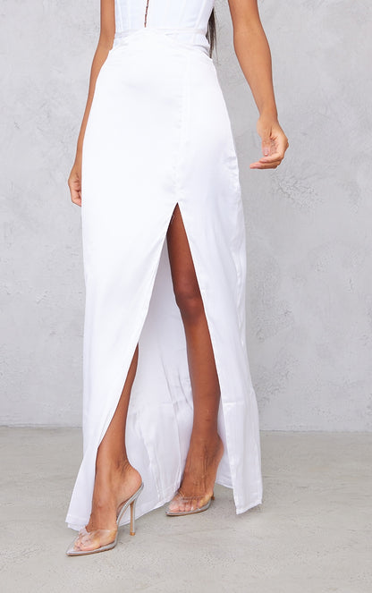 Ivory Satin Tie Waist Detail Thigh Split Midaxi Skirt