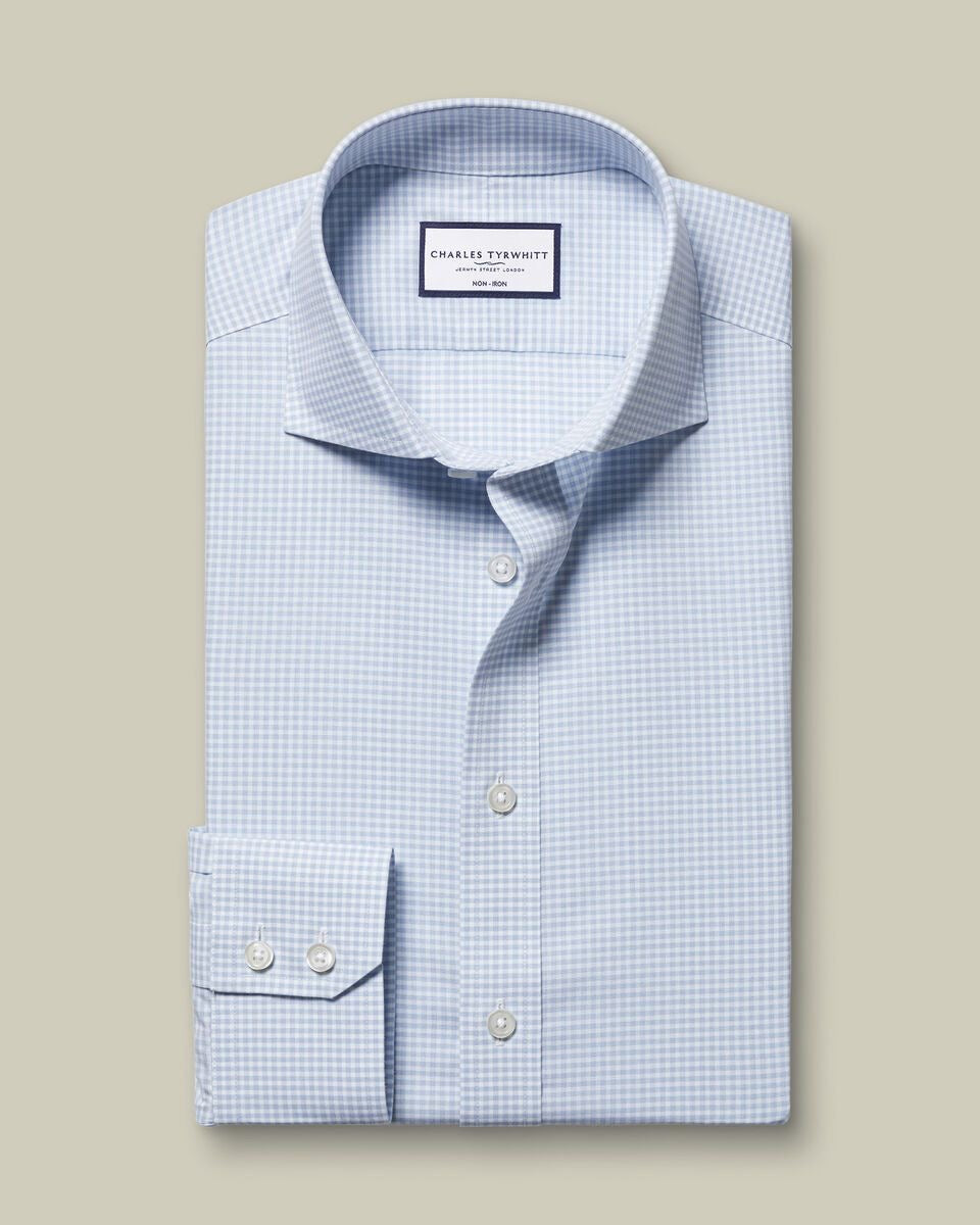 Cutaway Collar Non-Iron Stretch Poplin Gingham Slim Fit Shirt - Ice Blue
