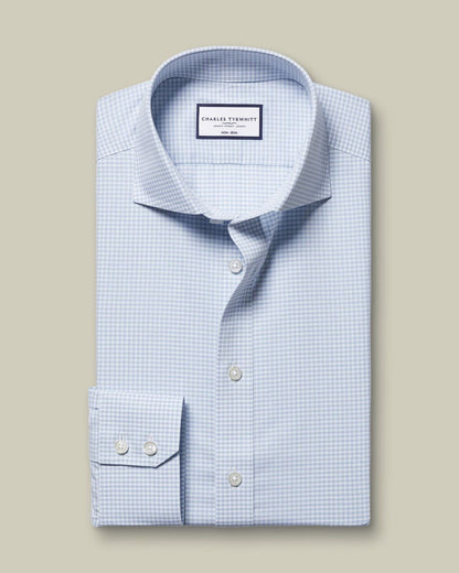 Cutaway Collar Non-Iron Stretch Poplin Gingham Slim Fit Shirt - Ice Blue
