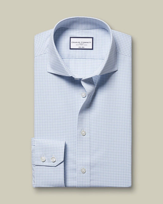 Cutaway Collar Non-Iron Stretch Poplin Gingham Slim Fit Shirt - Ice Blue