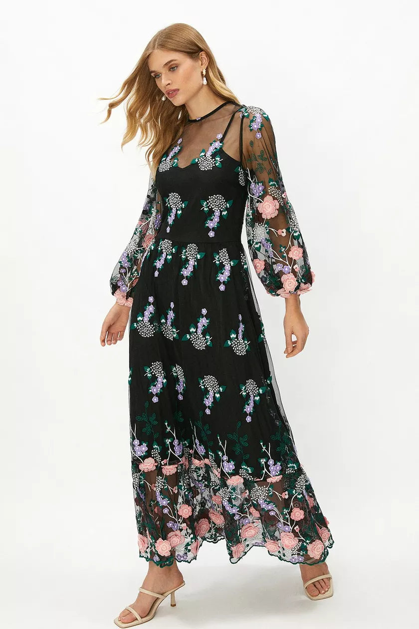 Embroidered Mesh Midaxi Dress Black