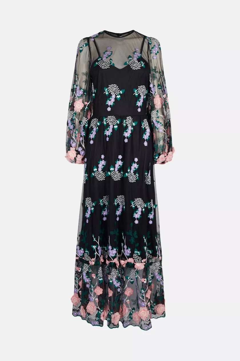 Embroidered Mesh Midaxi Dress Black