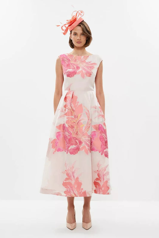 Premium Placement Jacquard Midaxi Dress Pink