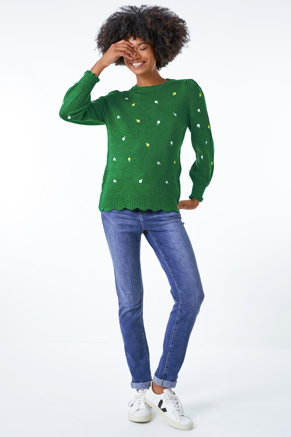 Green Floral Embroidered Scallop Hem Jumper