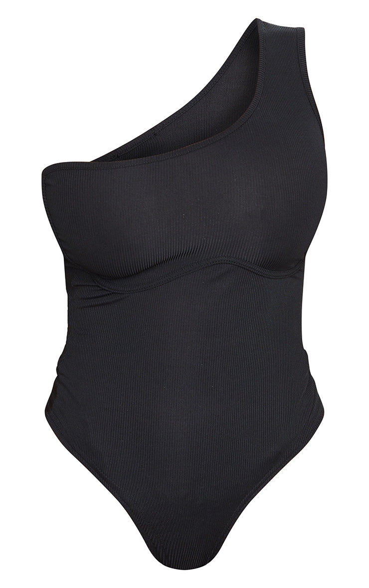 Shape Black Rib One Shoulder Underbust Bodysuit