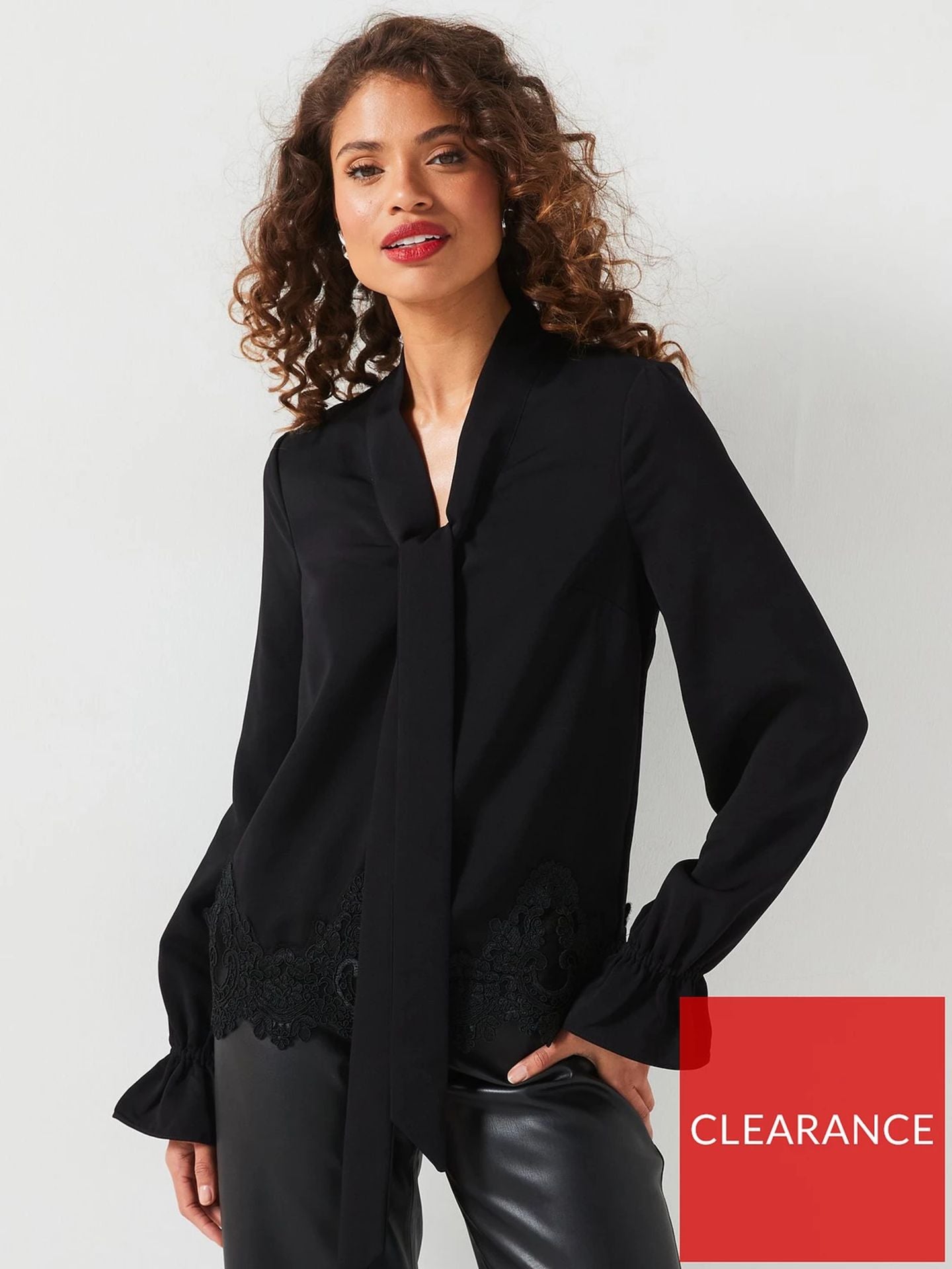 V by Very Lace Hem Satin Blouse Black