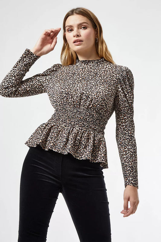 Black Leopard Print Shirred Waist Top