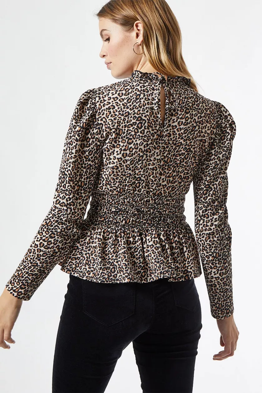 Black Leopard Print Shirred Waist Top