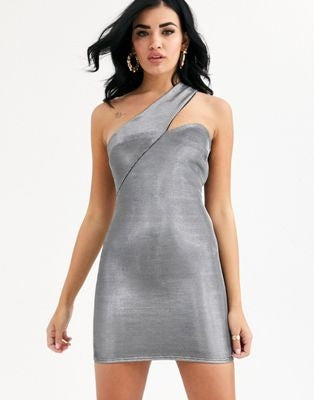 Asymmetric Metallic One Shoulder Mini Dress