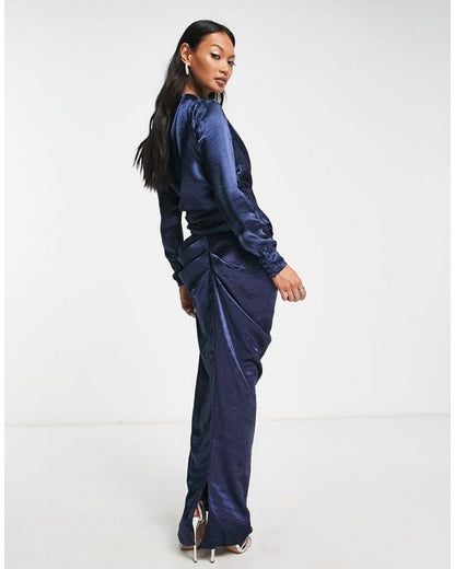 Satin high drape neck maxi dress with long sleeves in navy