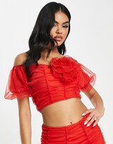 ASOS DESIGN Co-ord Mesh Corsage Off Shoulder Ruched Top In Red