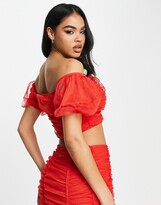ASOS DESIGN Co-ord Mesh Corsage Off Shoulder Ruched Top In Red