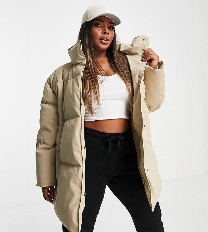 ASOS DESIGN rubberised oversized puffer jacket in camel