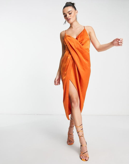 Drape Detail Satin Midi Dress Rust