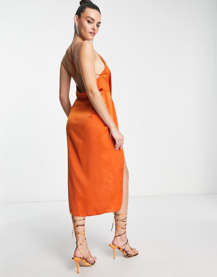Drape Detail Satin Midi Dress Rust