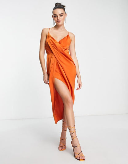 Drape Detail Satin Midi Dress Rust